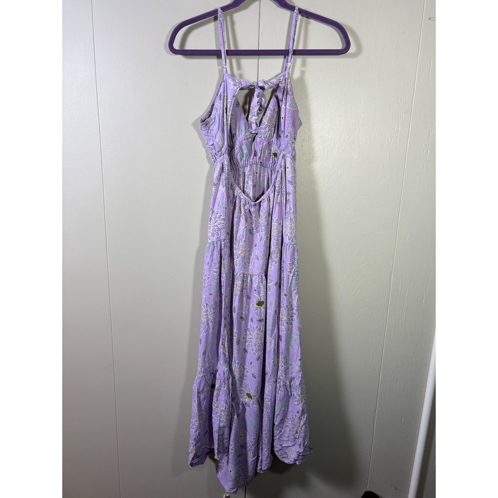 Angie Purple Floral Maxi Dress Large Boho Tiered Rayon Tie Front Cutout Summer - Picture 4 of 4